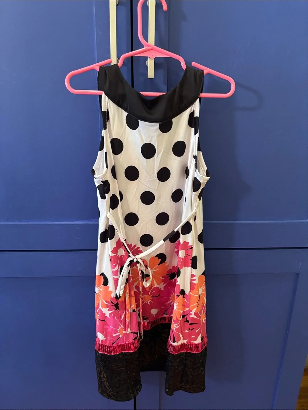 Justice White Polka Dot Dress with Black Sequin Yoke and Pink-Orange Flowers